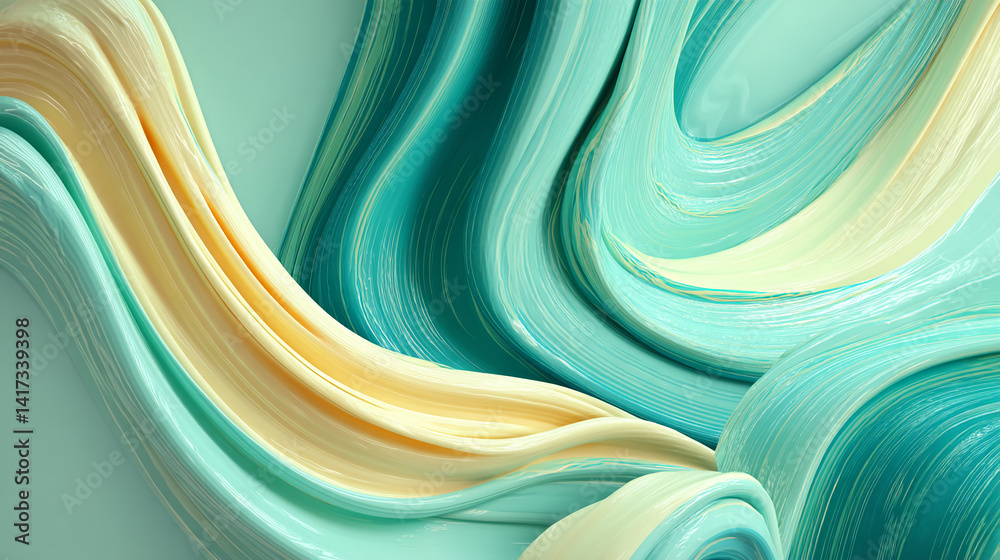 Poster Abstract image of flowing, pastel teal and yellow shapes creating a dynamic, wavy pattern suitable as a background or for design projects