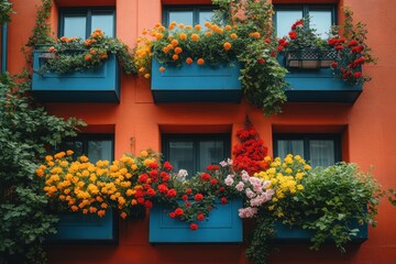 Fototapeta premium Colorful flower boxes on orange building facade