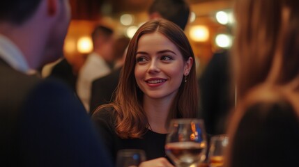 A businesswoman networking with industry professionals at a corporate event