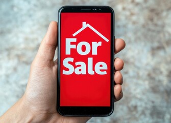 Hand Holding Smartphone Displaying For Sale Sign with House Icon