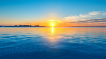 Naklejka premium Serene horizon at dawn with smooth ocean and radiant sunbeams lighting waterscape