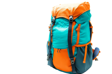 Teal and Orange Hiking Backpack, Isolated on White, Travel Gear.