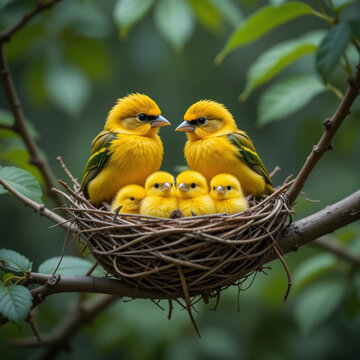 familia de p&aacute;jaros amarillos en su nido, simbolizando la protecci&oacute;n, el cuidado y la conexi&oacute;n con la naturaleza. El entorno verde y las ramas del &aacute;rbol reflejan un santuario de vida silvestre