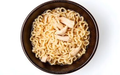 top lay view of wooden Bowl with noodles isolated on white background 