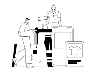 Holiday shopping people doing e-commerce online shopping flat vector concept operation hand drawn illustration
