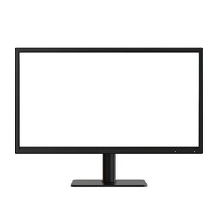A dark gray-toned computer monitor, displaying a blank screen, sits on a low, dark-colored base, suggesting modern office or home setup.