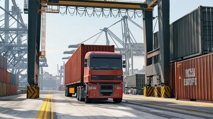 Freight truck passing through a port gate with a cargo container.