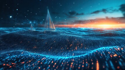 Two sailing boats sail across the luminous ocean waves at dusk