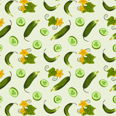 Whole and sliced ​​cucumbers.Vector seamless pattern with green cucumbers on a colored background.