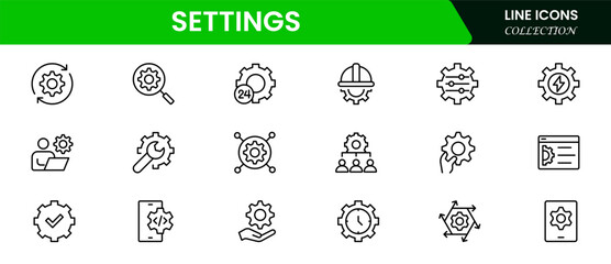 Setting and setup icon set. UI icon set. Contains such icons as gear, adjustments, setup, preferences, options, controls, service, operation icons, and more. Vector illustration