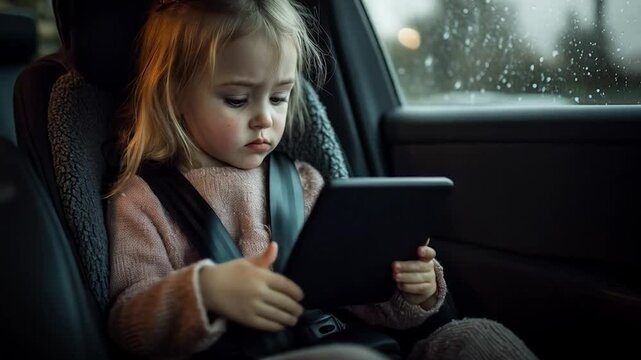 Young Child Using a Tablet Inside a Car