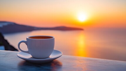 A cup of coffee against the background of sunset over the sea. Suitable for articles about traveling, relaxation, morning rituals.