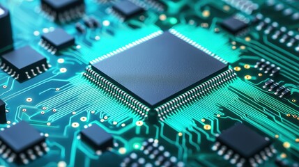 Close-up View of a Microchip with Circuitry on a Green Background