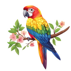 Fototapeta premium Vibrant parrot perched among delicate blossoms in a burst of color and life on transparent background