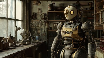 Fototapeta premium Steampunk automaton surveying its workshop environment, a blend of innovation