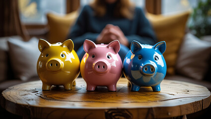 Three vibrant piggy banks in yellow, pink, and blue sit on a rustic wooden round table. 