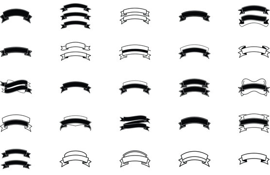 "Black and White Ribbon Banner Collection – Stylish Vector Set Featuring Various Ribbon Designs for Labels, Badges, and Decorative Layouts. 