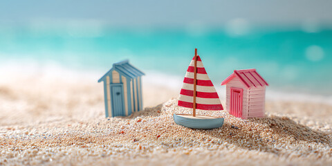 Miniature beach scene with sailboat and beach houses on sand, turquoise ocean background, evokes summer vacation, relaxation, and seaside tranquility