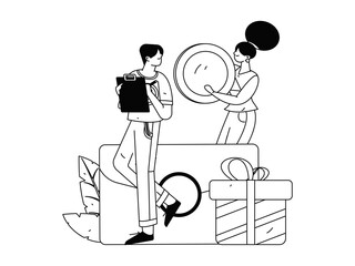 Holiday shopping people doing e-commerce online shopping flat vector concept operation hand drawn illustration
