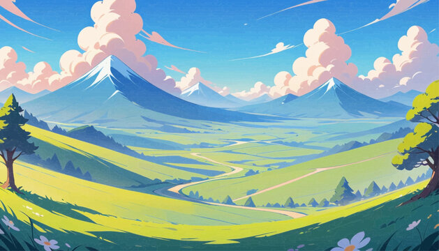 The image depicts a serene landscape with rolling green hills under a bright blue sky dotted with fluffy white clouds. The scene is vibrant and colorful, evoking a sense of tranquility and natural bea