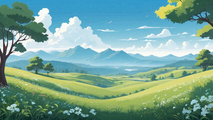 The image depicts a serene landscape with rolling green hills under a clear blue sky. There are fluffy white clouds, and in the distance, mountains are visible. Trees and flowers add to the vibrant an
