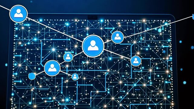 Digital network connections illustrated on a tablet screen, showcasing user profiles and data flow
