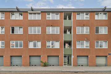 A contemporary multi-story apartment building featuring a brown brick facade and multiple garage doors underneath. Windows are abundant, providing ample light.