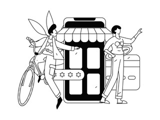 Holiday shopping people doing e-commerce online shopping flat vector concept operation hand drawn illustration
