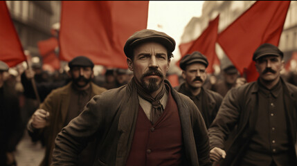 Fototapeta premium A group of workers with red flags marching in solidarity, led by a determined man, symbolizing labor rights and revolution.