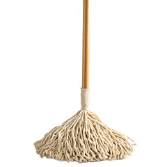 A light beige cotton mop head attached to a golden wooden pole, ideal for home cleaning.