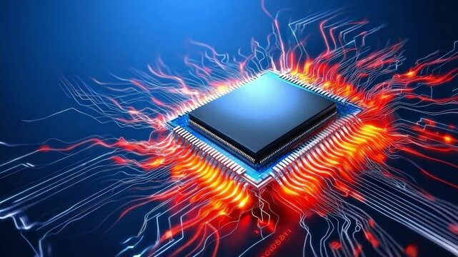 Powerful CPU Microchip: Close-up view of a powerful central processing unit(CPU) microchip, glowing with intense energy, surrounded by intricate circuitry.