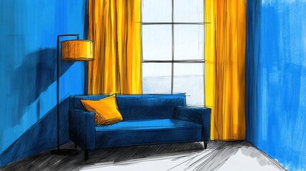 Cozy Modern Living Room with Blue Walls and Yellow Curtains
