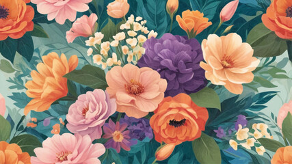 This image is a vibrant and colorful vector illustration featuring a variety of flowers. The composition includes several types of blooms in shades of orange, pink, purple, and white, arranged in a lu