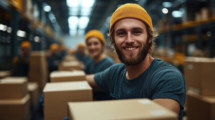 Smiling warehouse worker in a distribution center surrounded by cardboard boxes, busy environment