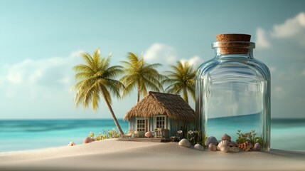 Tropical Beach Scene in Glass Bottle with Miniature Hut, Palm Trees, and Crystal Clear Water
