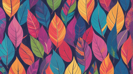 Fototapeta premium This image features a vibrant and colorful pattern of stylized leaves. The leaves are depicted in a variety of bright colors, including shades of pink, orange, yellow, green, and blue, set against a d