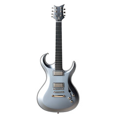 Shimmering electric guitar displayed in a bright studio, showcasing its sleek design and craftsmanship during a music showcase event on transparent background