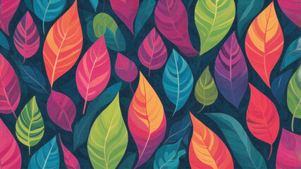 Fototapeta premium A vibrant vector illustration featuring a repeating pattern of autumn leaves in shades of pink, green, and yellow, set against a dark background. The design captures the essence of fall with its rich,
