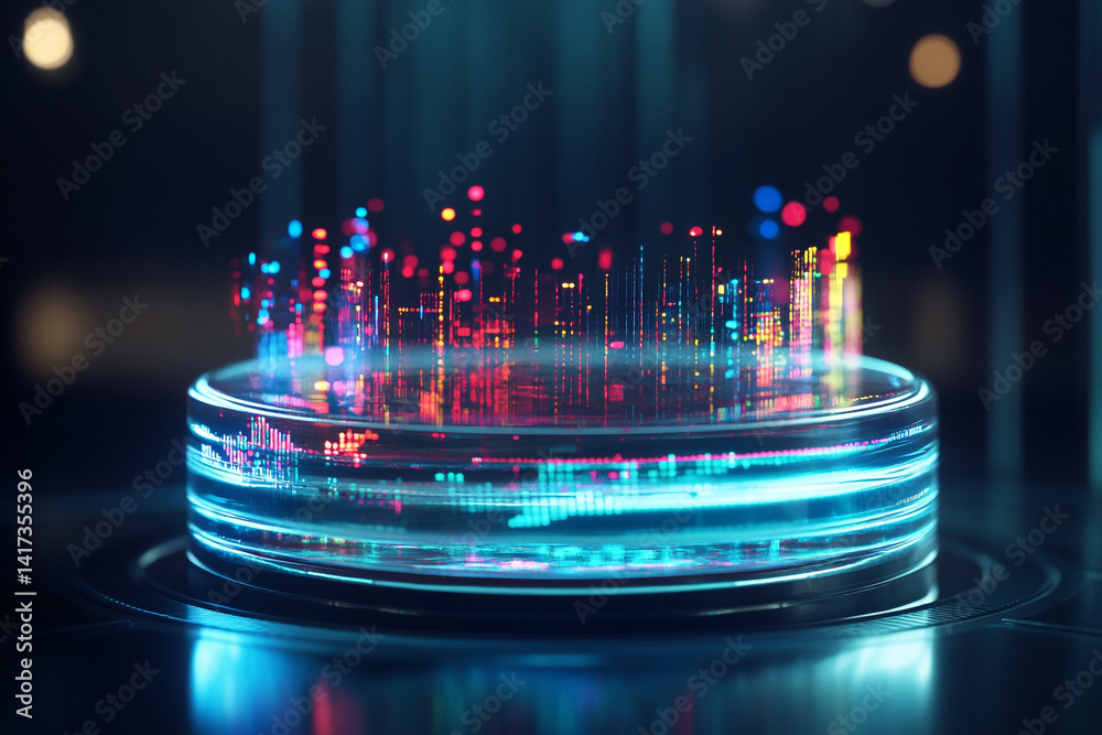 Poster abstract technology platform with glowing lights and data visualization in a dark environment