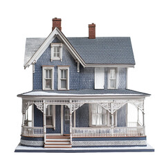 A meticulously crafted miniature replica of a traditional American farmhouse, showcasing detailed architectural features like siding, porch, and windows.