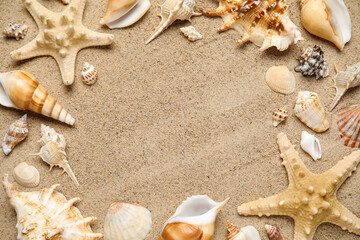 Frame made of different sea shells on sand