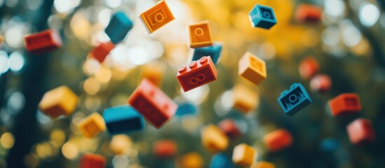 Colorful building blocks in mid-air against a blurred background. Playful image