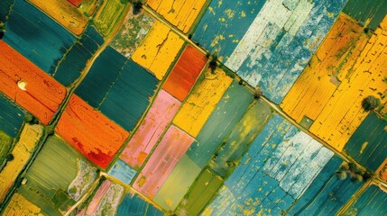 Fototapeta premium Colorful farmland aerial view geometric patterns of crops