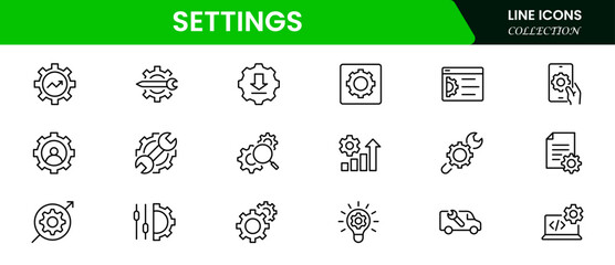 Setting and setup icon set. UI icon set. Contains such icons as gear, adjustments, setup, preferences, options, controls, service, operation icons, and more. Vector illustration