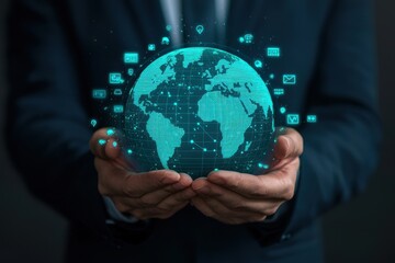 Businessman Holding Digital Globe with Networking Icons and Data