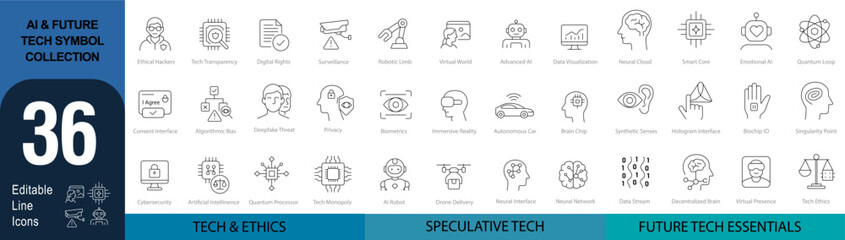 AI & Future Tech Symbol Collection – 36 Editable Line Icons for Ethics, Robotics, and Emerging Technologies | Vector Set in AI, EPS, SVG | Designed in Adobe Illustratorture Of Technology