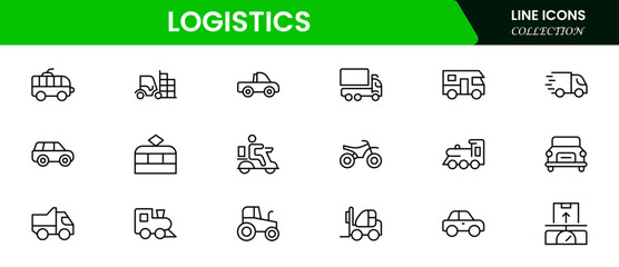 Logistics icon set. Containing distribution, shipping, transportation, delivery, cargo, freight, route planning, supply chain, export and import icons.