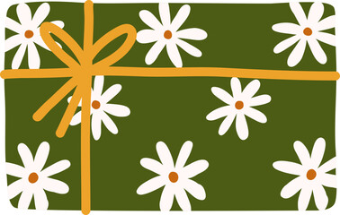 Wrapped gift box tied with floral daisies beautiful spring flower illustration