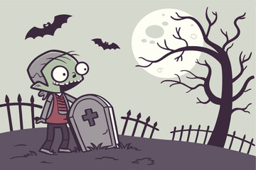 Cute and Creepy Zombie Rising Scene with Fog and Bats – Halloween Vector