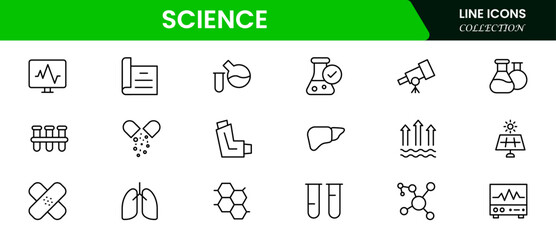 Science flat icons set. Laboratory, scientific, physics, biology, laboratory, research icons and more signs. Flat icon collection.
